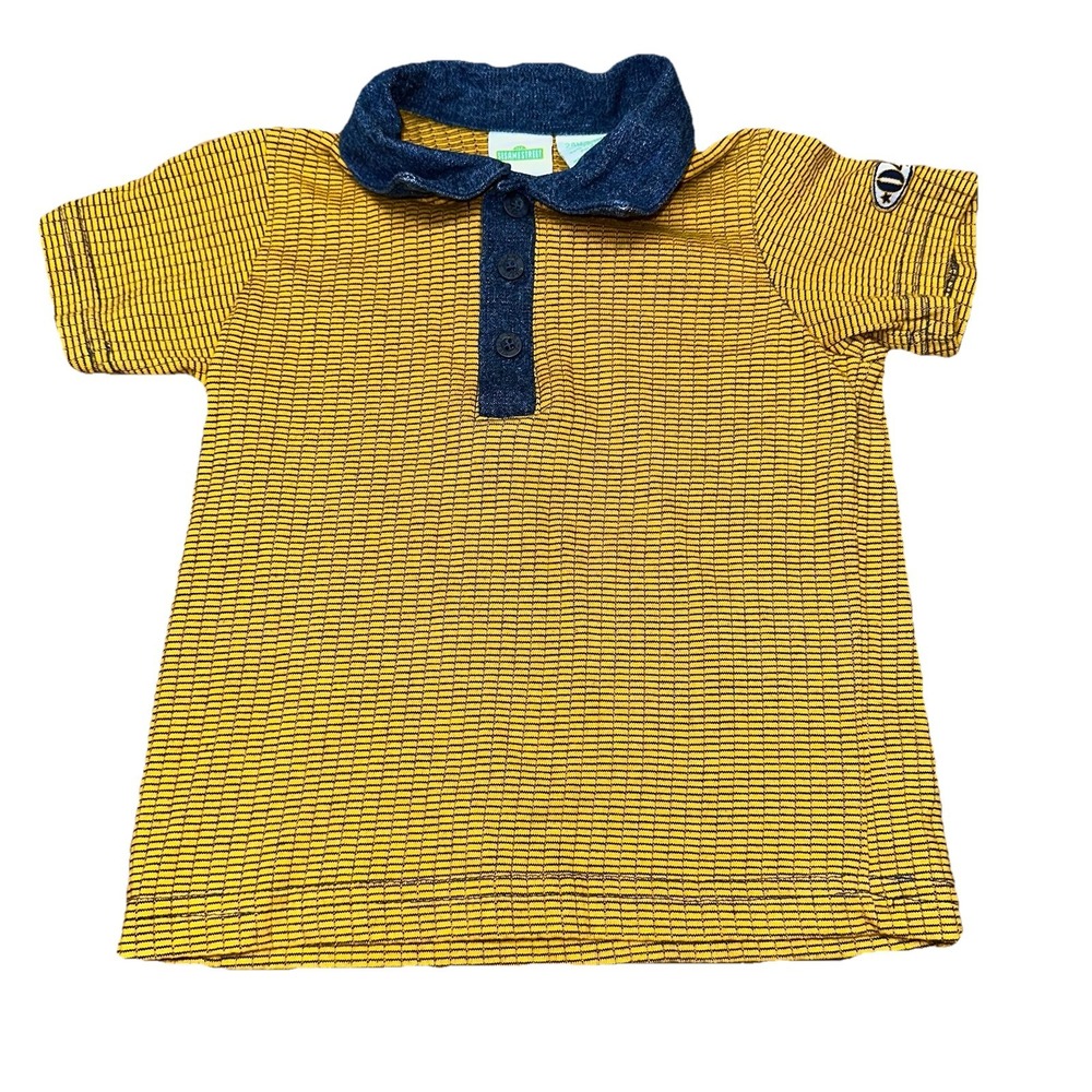 Sesame Street Big Bird Denim Collar Yellow‎ Button Polo Short Sleeve Vintage 2T